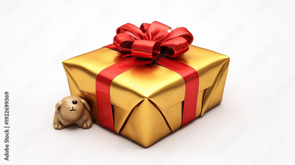Fototapeta premium Shiny golden gift box wrapped with a bright red ribbon and a tiny plush dog
