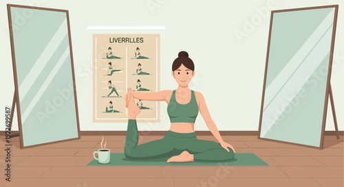 Woman practicing yoga on a mat stretching and maintaining balance.