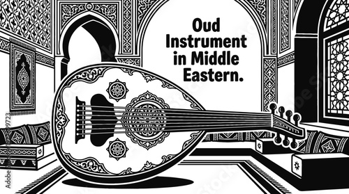 oud instrument placed in a traditional middle eastern interior detailed black and white vector representing cultural music heritage acoustic sound and artistic expression