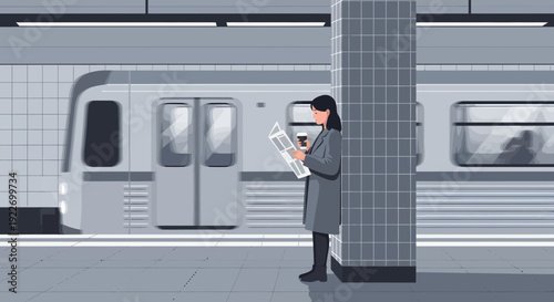 Woman reading newspaper while waiting for the train.