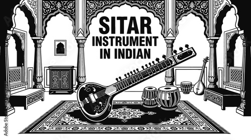 sitar placed in an indian classical music setting black and white vector representing spiritual sound meditation and cultural tradition