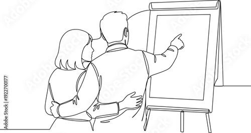 Continuous line drawing of a couple standing by a flipchart for collaborative planning and business presentation