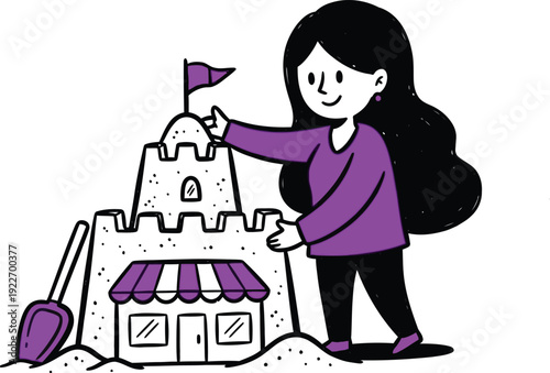 Woman building an elaborate sandcastle resembling a shop with a flag, signifying creativity, summer fun, or a dream business venture.