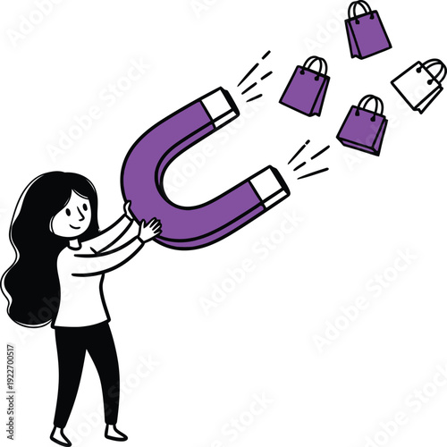 Woman using a large horseshoe magnet to attract shopping bags, symbolizing marketing strategies, customer acquisition, or sales generation.