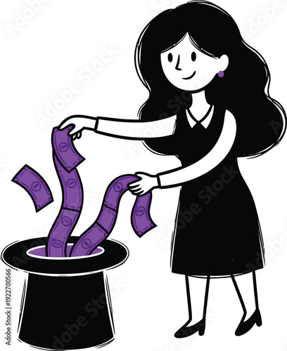 Woman pulling purple dollar bills from a magician's hat, symbolizing financial magic, generating income, or unexpected wealth.