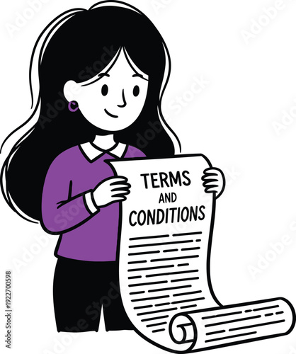 Woman holding a long scroll of 'Terms and Conditions,' representing legal agreements, contracts, or important documentation for services and products.