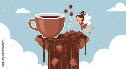 A whimsical fairy adds coffee beans to a cup on a chocolatecovered pedestal.