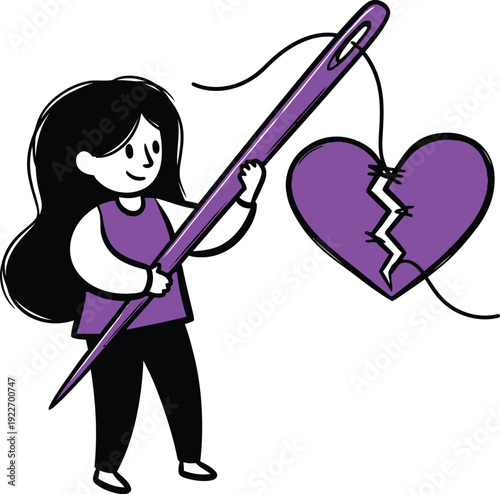 Cute cartoon girl with needle and thread mending a broken purple heart, symbolizing healing and emotional repair