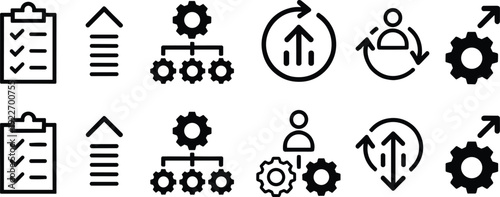 Business process and workflow management icons set, checklist, gear system, optimization and growth arrows, black solid vector collection isolated background