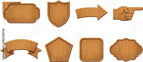 Set of rustic wooden signboards and banners featuring various shapes like shields arrows and ribbons for vintage western and tavern style designs.