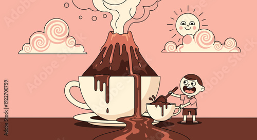 A whimsical illustration of a coffee volcano erupting into a giant cup with a small person stirring a smaller cup.