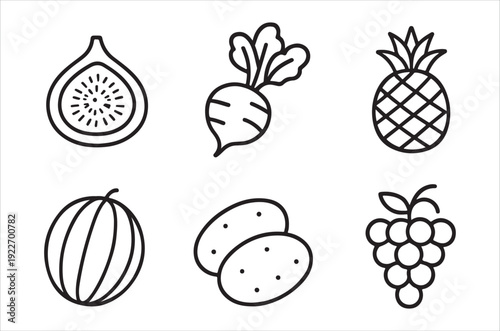 A simple black and white line drawing showcases six different types of fruits and vegetables