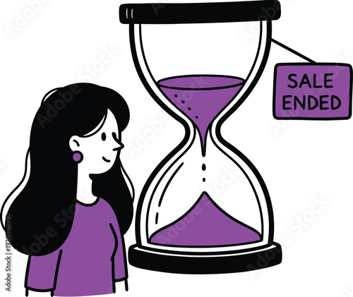 Woman looking at an hourglass with purple sand, sale ended sign, indicating time running out and limited offers
