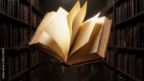 Surreal slow-motion video of an open floating old book turning blank pages in a dim library