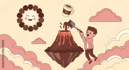 Boy stirring coffee volcano with a giant spoon coffee bean sun smiling.
