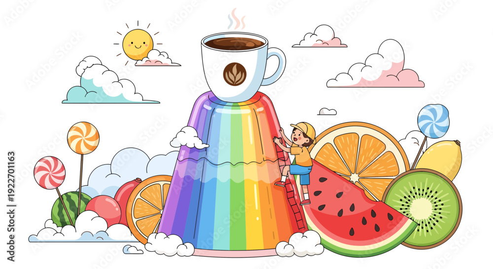 Fototapeta premium Coffee cup with rainbow waterfall and various fruits and candies.