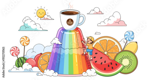 Coffee cup with rainbow waterfall and various fruits and candies.
