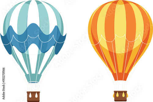 Two colorful hot air balloons with wicker baskets flying against a white background featuring blue wave patterns and orange stripe designs for travel and adventure concepts.