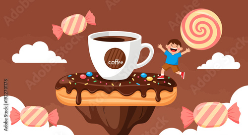 Coffee cup on chocolate eclair with candies.