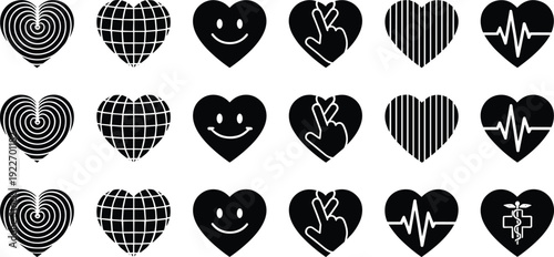 Heart icons set, love, health care and medical heartbeat symbols, globe heart, smile and finger heart signs, black solid vector collection