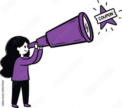 Woman with a telescope looks at a bright star with a coupon, representing opportunity and finding deals.