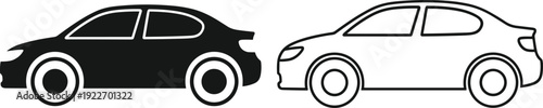 Black solid silhouette and thin line outline vector icons of a modern sedan car isolated on a white background for automotive design.
