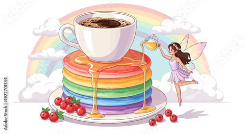 Delicious Rainbow Pancakes Stacked with Coffee and Syrup.