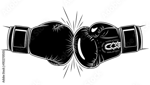 Illustration of a pair of black boxing gloves colliding with motion lines on a white background in a graphic style.