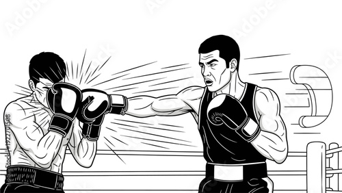 Black and white illustration of two boxers in a boxing ring with motion lines, one punching the other with a determined expression.