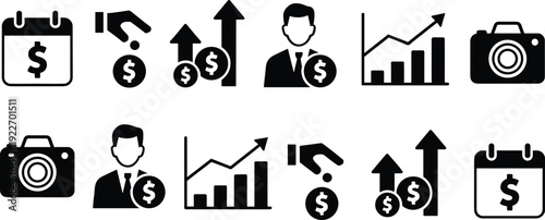 Business finance and investment icons set, profit growth, money management, calendar payment and analytics symbols, black solid vector collection isolated background