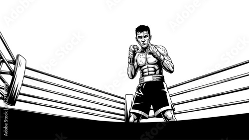 A muscular man in black shorts stands in a fighting stance within a boxing ring with ropes, against a white background in a monochromatic illustration.
