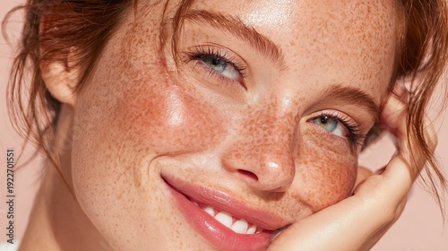 A close-up of a smiling woman with glowing skin and freckles, resting her face on her hand, showcasing natural beauty and radiant complexion.