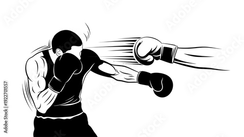 A black and white graphic illustration of a boxer defending against a punch with motion lines conveying action and movement.