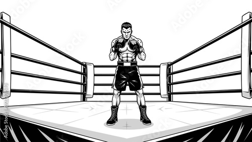 A male boxer in a fighting stance stands in the center of a boxing ring with ropes, in a black and white illustration with a bold, graphic style.