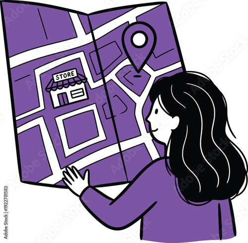 Woman looking at a map with a store location pin, indicating directions to a physical retail store.