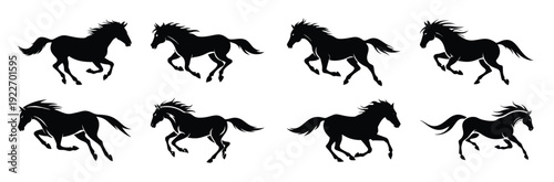 nine galloping horse silhouettes are presented in an