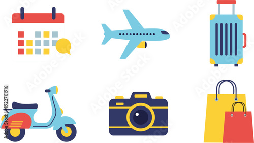 Colorful flat vector icon set for travel and tourism featuring an airplane, suitcase, camera, and scooter.