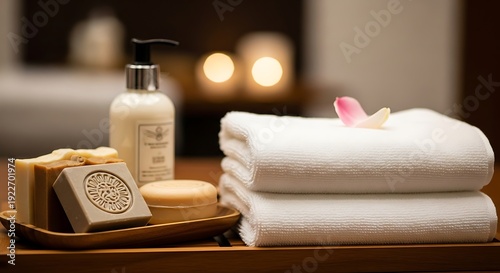 Luxurious spa amenities include soap, lotion, and soft white towels.
