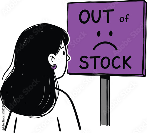 Woman looks disappointed at an 'Out of Stock' sign with a sad face, illustration representing product scarcity, unavailability, or consumer frustration.