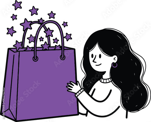 Smiling woman with a large purple shopping bag overflowing with stars, illustration of successful shopping, great finds, or customer satisfaction.