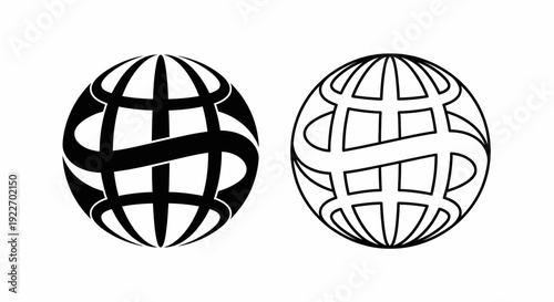 Two stylized globe icons with different grid designs, black and white Vector