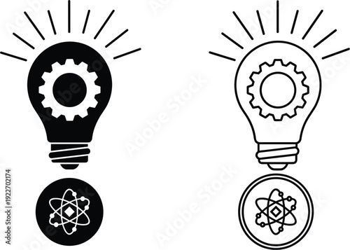 Creative innovation vector icons featuring light bulbs with internal gear mechanisms and atomic energy symbols representing scientific discovery, engineering ideas, and industrial brain power.