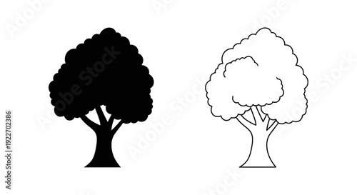 Two black and white tree illustrations showing different styles and artistic techniques Vector