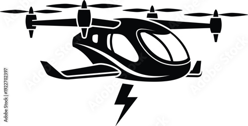 Futuristic black silhouette of an electric air taxi or passenger drone with multiple rotors and a lightning bolt symbol for green energy transport.