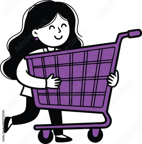 Happy woman running with a large shopping cart, signifying enthusiastic shopping and consumer activity.
