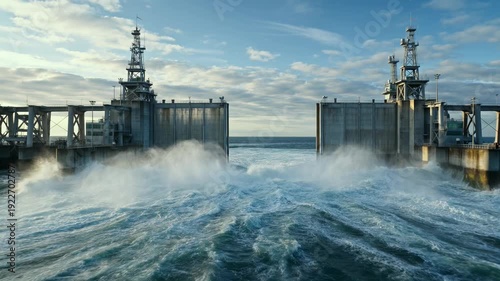 Tidal power plant generating renewable energy in ocean - 4k video