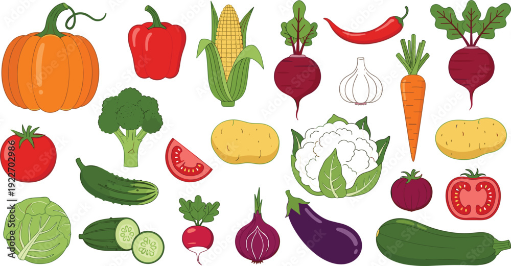 Fototapeta premium Large collection of hand drawn vegetable icons including pumpkin, corn, broccoli, carrot, eggplant, and tomato for healthy eating and vegan concepts.