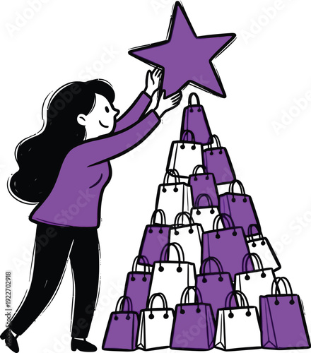 Woman stacking shopping bags in a pyramid shape and placing a star on top, symbolizing successful shopping and achieving goals