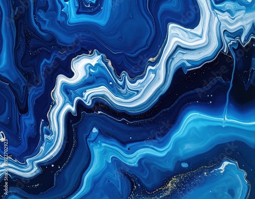 Abstract Blue Waves with Swirls and Gold Accents in Fluid Design