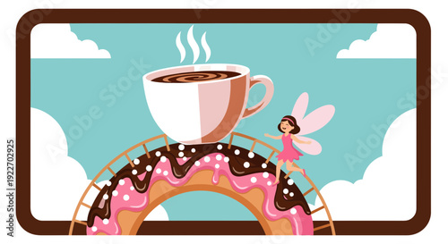 Enchanting fairy with coffee cup on a whimsical donut bridge.